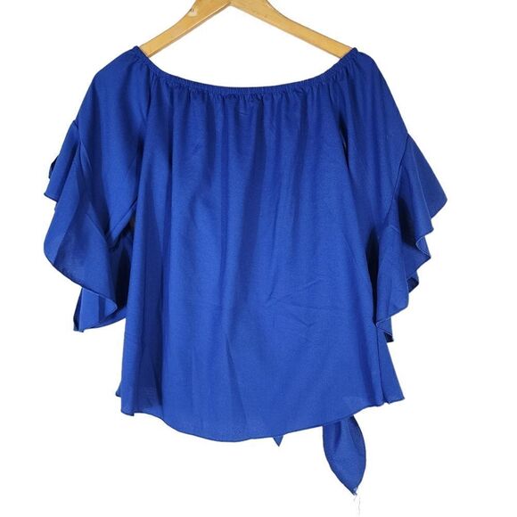Eddoyee Summer Blue Off Shoulder Blouses Flare Sleeve Shirts Waist Tie Knot top - Picture 5 of 7